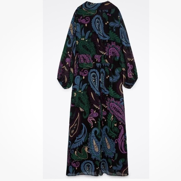 Zara Black/Multicolored Paisley Print Chiffon Balloon Sleeve Mosaic Dress NWT XS - Picture 7 of 16